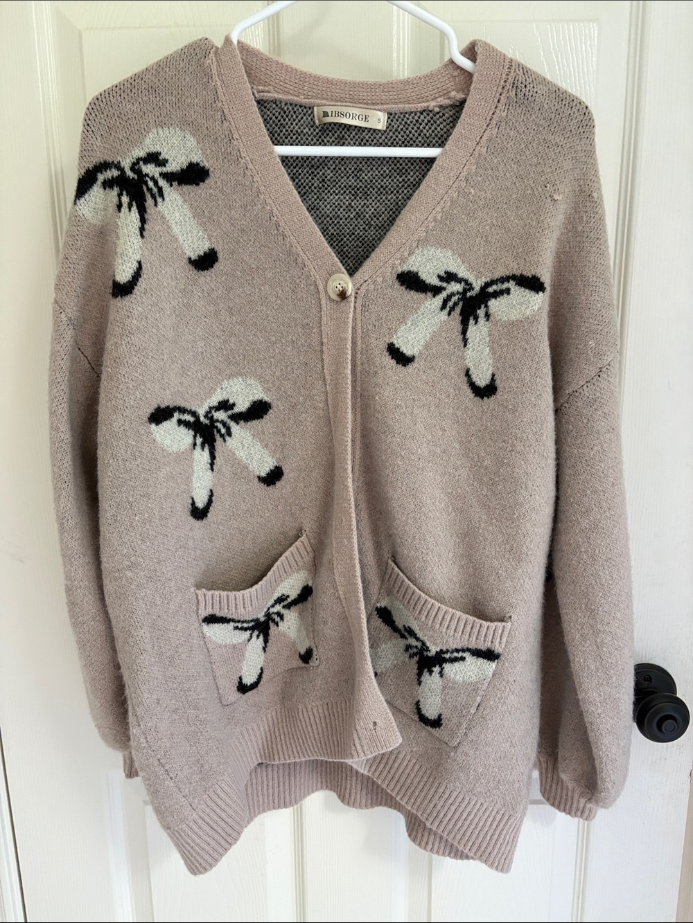 Ibisorge Taupe Bow-Accent V-Neck Women's Cardigan Sweater